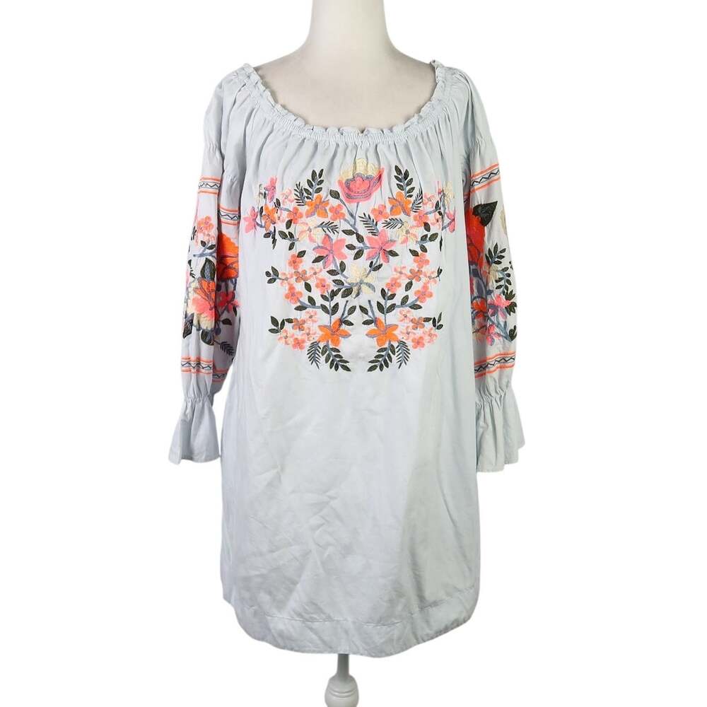 Free People Light Wash Blue Denim Floral Embroidered Off Shoulder Mini Dress M